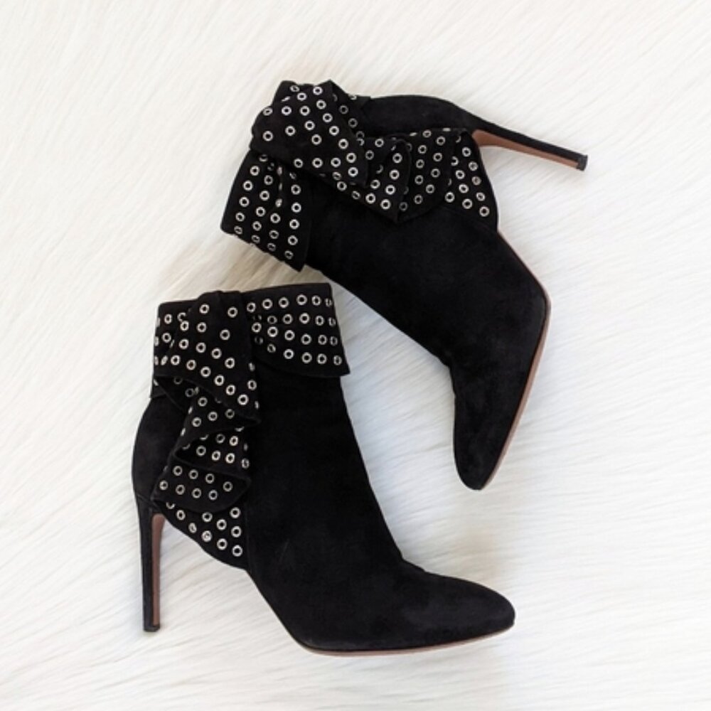 Alaïa Black Suede Grommet Embellished Ruffled Ankle Boots | Size 38.5 - Picture 16 of 16